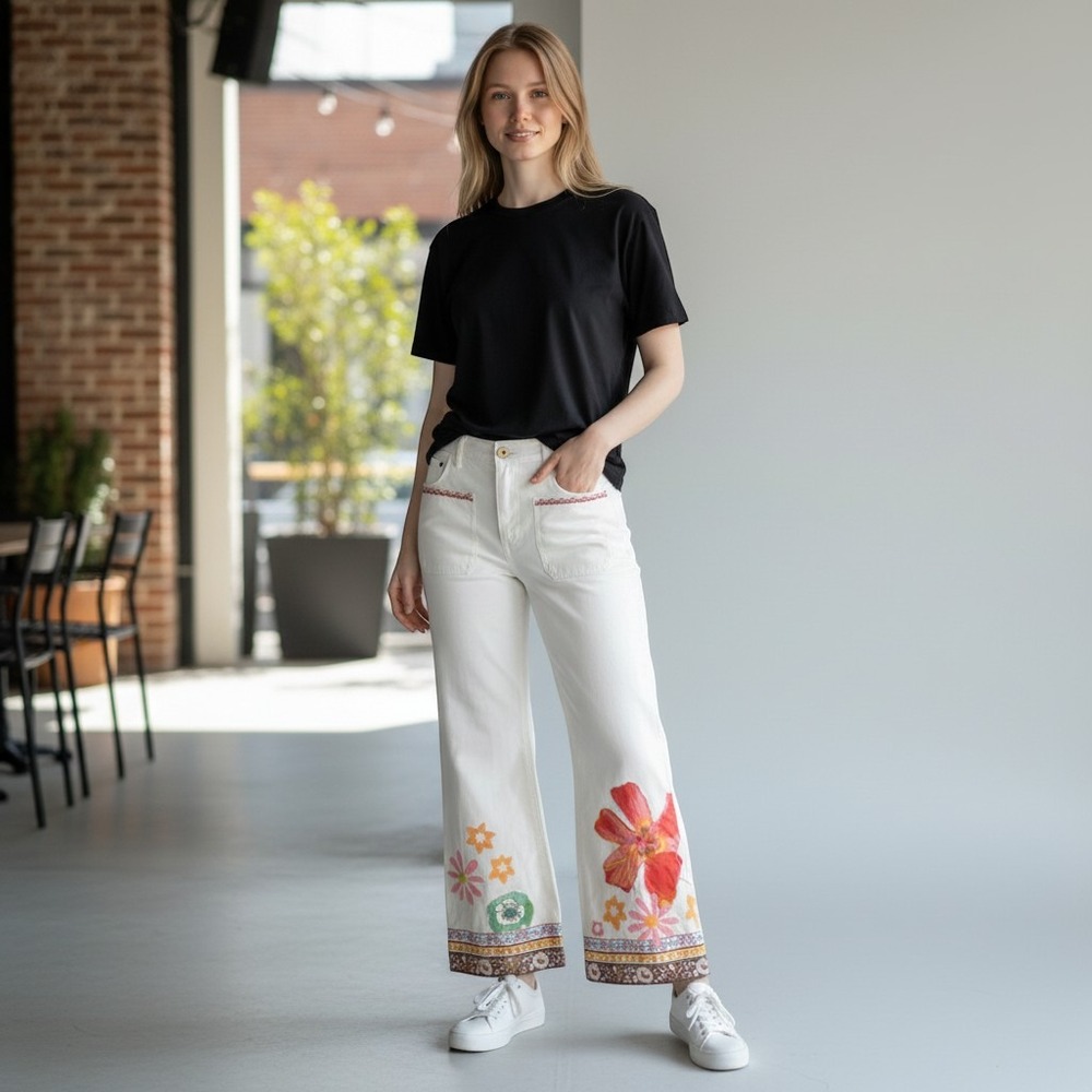 Vintage 70s White Jeans Floral Appliques Wide Bell Bottoms Vintage Trim 31/32